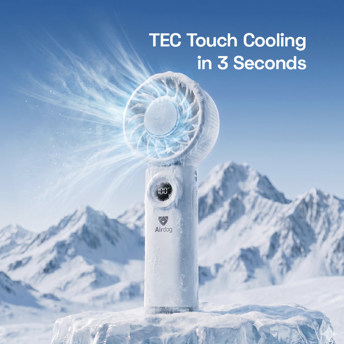 Portable fan with TEC Touch Cooling feature against a mountainous background