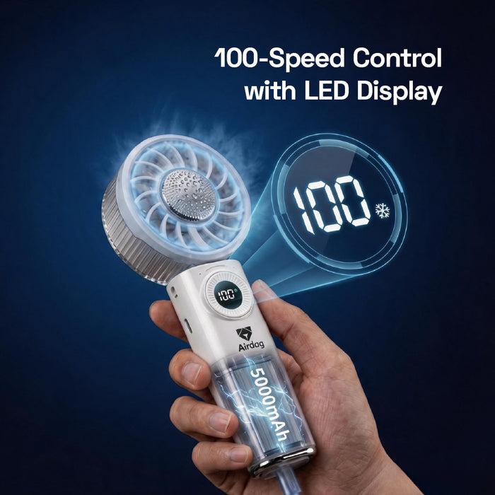 Airdog handheld fan with 100-speed control and LED display on a dark blue background