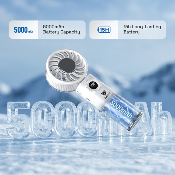 Handheld AirDog fan with 5000mAh battery capacity and 15-hour battery life on a blue gradient background.