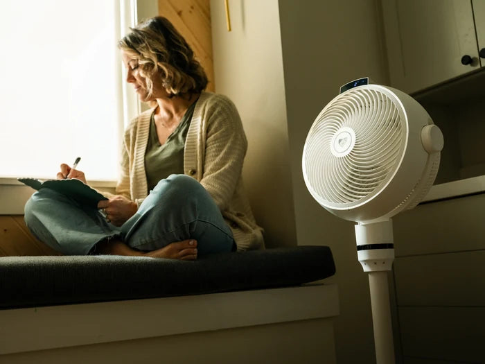 Woman sitting by a window with an Airdog fan in the foreground