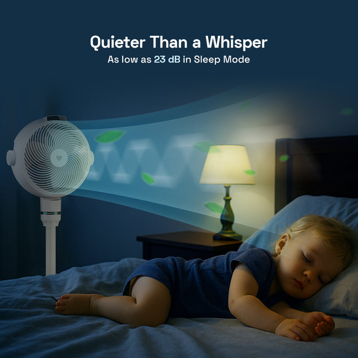 Child sleeping peacefully with an Airdog fan labeled 'Quieter Than a Whisper' in a dark bedroom.