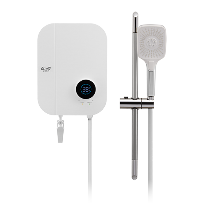 Alpha Digital Instant Water Heater (DC Pump) c/w Hand Shower Bar Set - White Chiffon