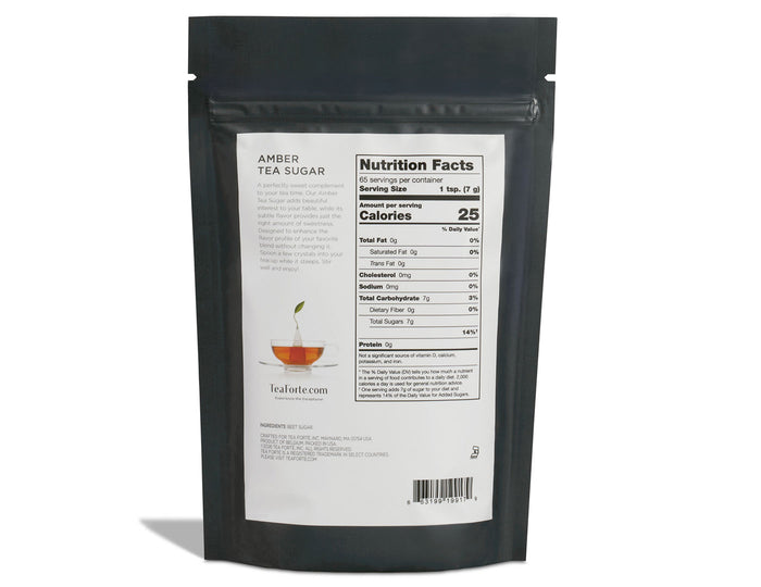 Amber tea sugar in a one pound bag showing nutrition information