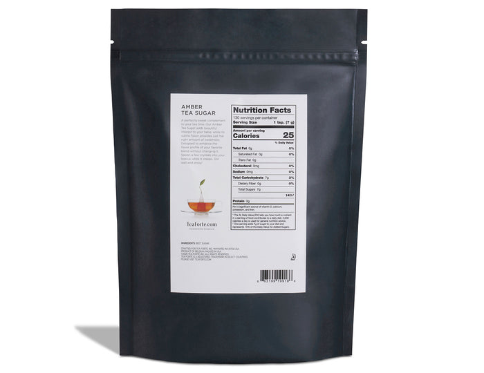 Amber tea sugar in a two pound bag showing nutrition information