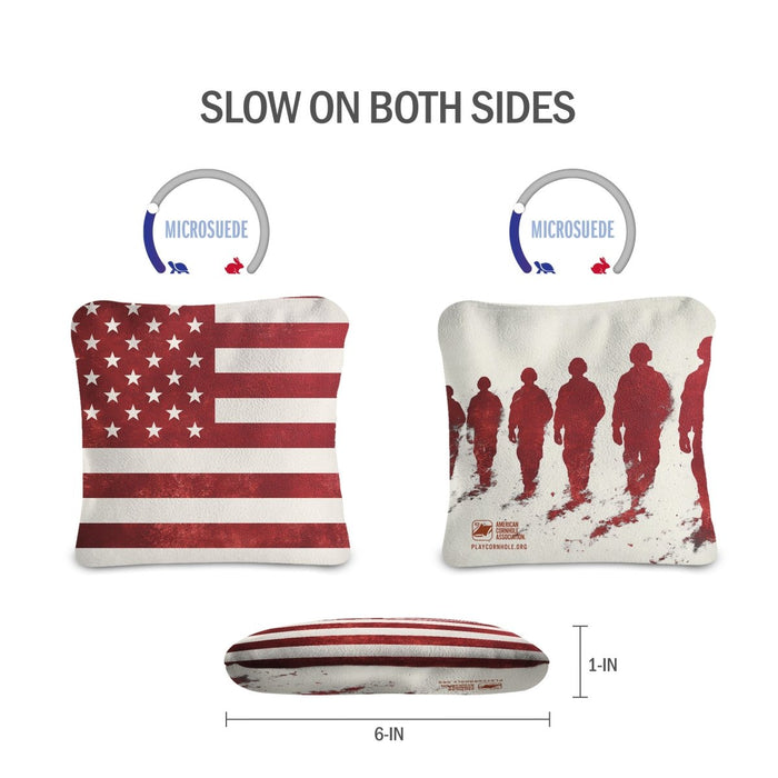 Front and back view of American Flag Red Lock Shot Cornhole Bags showing dual-sided slow-speed microsuede construction for more bag control.
#color_Red