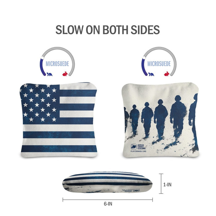 Front and back view of American Flag Blue Lock Shot Cornhole Bags showing dual-sided slow-speed microsuede construction for more bag control.
#color_blue