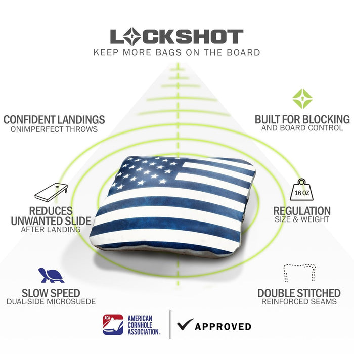 American Flag Blue Lock Shot Cornhole Bags feature graphic highlighting forgiving landings, board control, dual-sided slow-speed fabric, and ACA regulation approval.
#color_blue