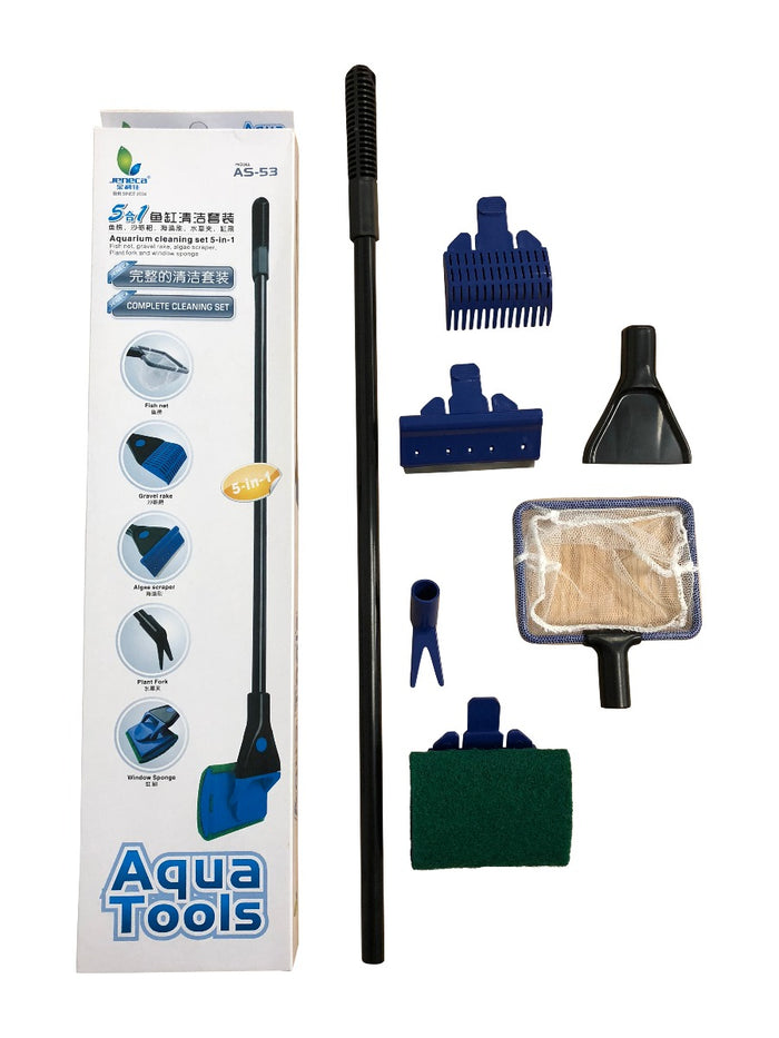 Aquarium 5 In 1 Cleaning Set (Fish Net, Rake, Scraper, Plant Fork, Sponge)