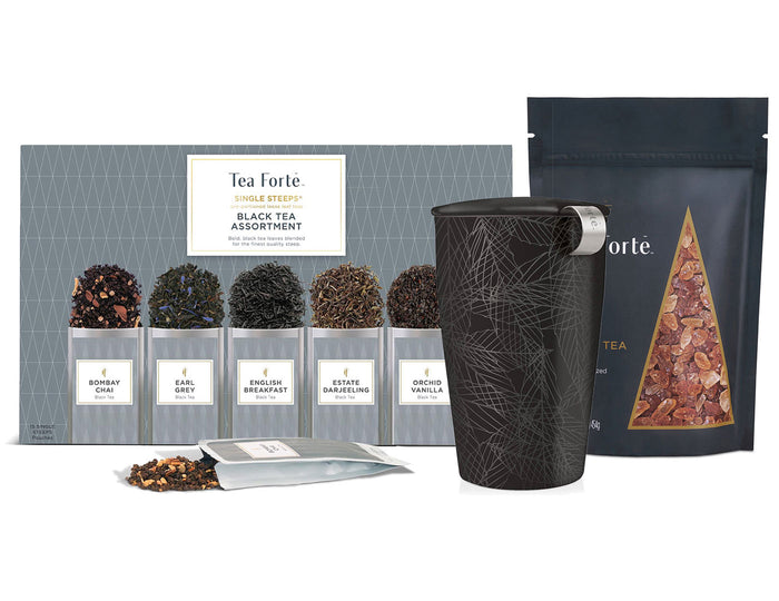 Black Tea Assortment Single Steeps Sampler of 15 pre-portioned loose tea pouches teas with Noir KATI Steeping Cup and a one pound bag of Amber Tea Sugar