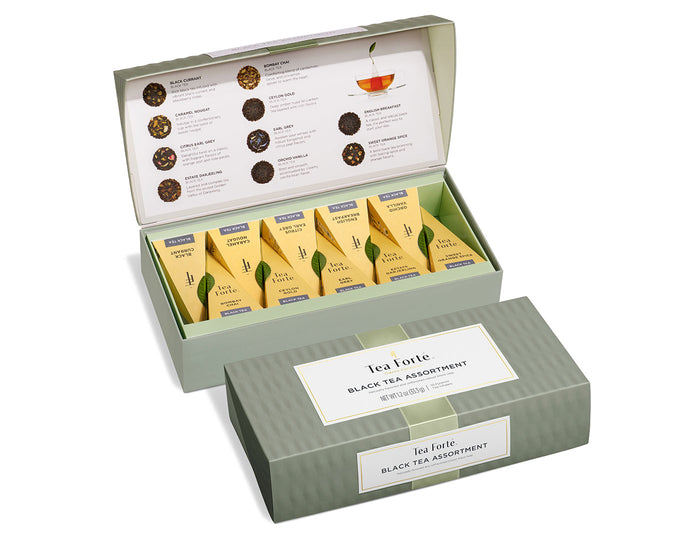Black Tea tea assortment in a 10 count petite presentation box with lid open and closed