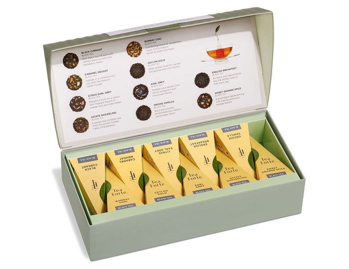 Black Tea tea assortment in a 10 count petite presentation box with lid open