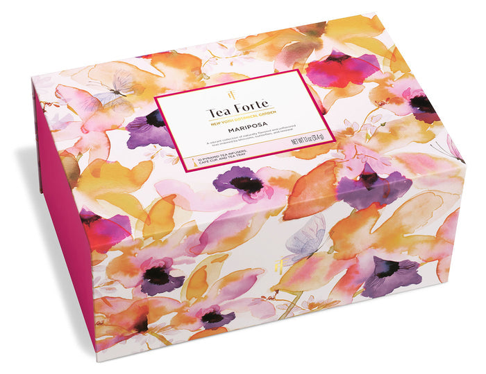 Tea Forte Mariposa gift box with colorful watercolor floral design and pink interior flap.