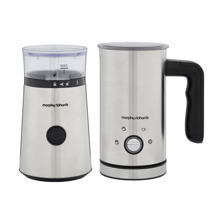 A set of Morphy Richards coffee grinder and milk frother, featuring a stainless steel body and black control knobs.