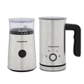 A set of Morphy Richards coffee grinder and milk frother, featuring a stainless steel body and black control knobs.