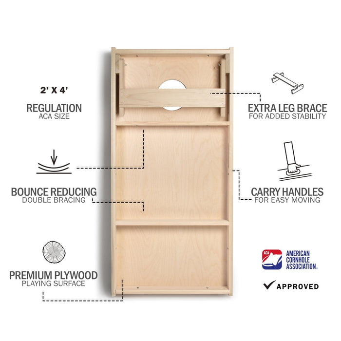 Buffalo Football Gameday Stadium Star Cornhole Boards feature graphic highlighting bounce-reducing double bracing, premium playing surfaces, and ACA regulation approval.