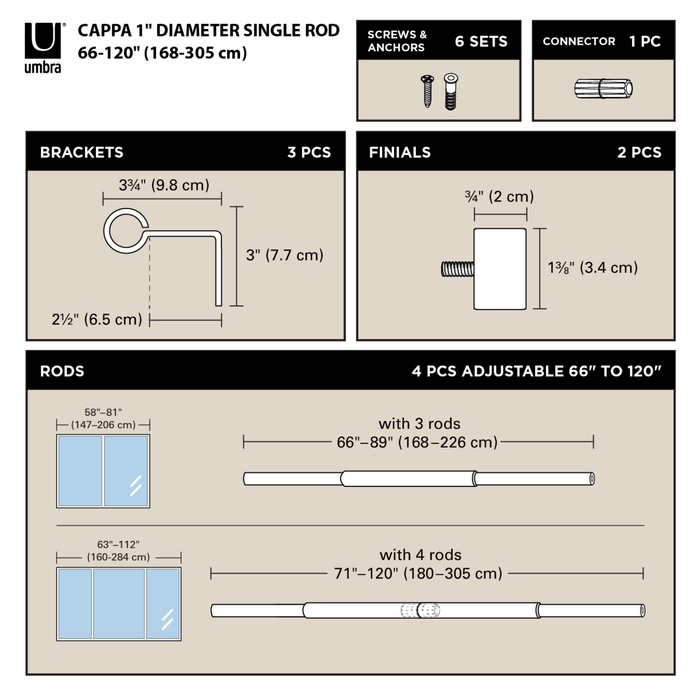 66-120" (168-305 cm) / Matte-Black / 1" (2.5 cm)