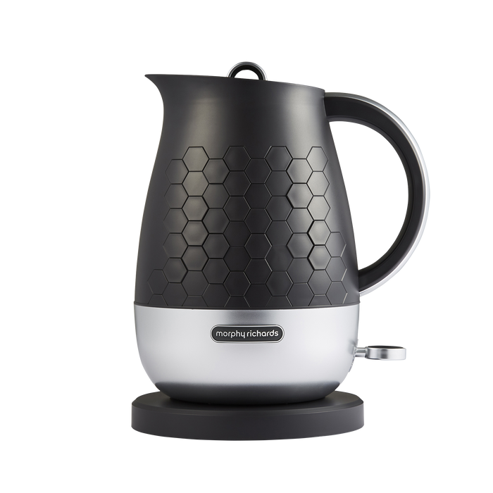 A black Morphy Richards Cassini 1.7L jug kettle with a hexagonal design and a silver base.