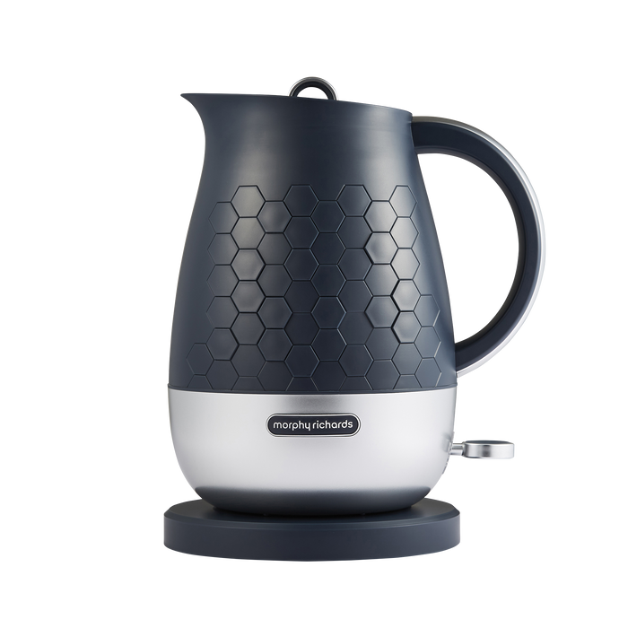 A navy blue Morphy Richards Cassini 1.7L jug kettle with a hexagonal design and a silver base.
