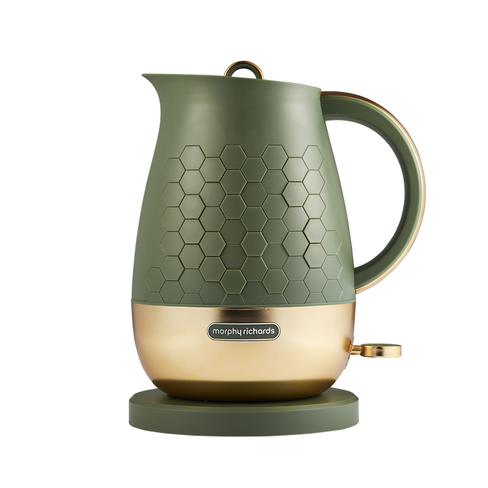A green Morphy Richards Cassini 1.7L jug kettle with a hexagonal design and a gold-colored base.
