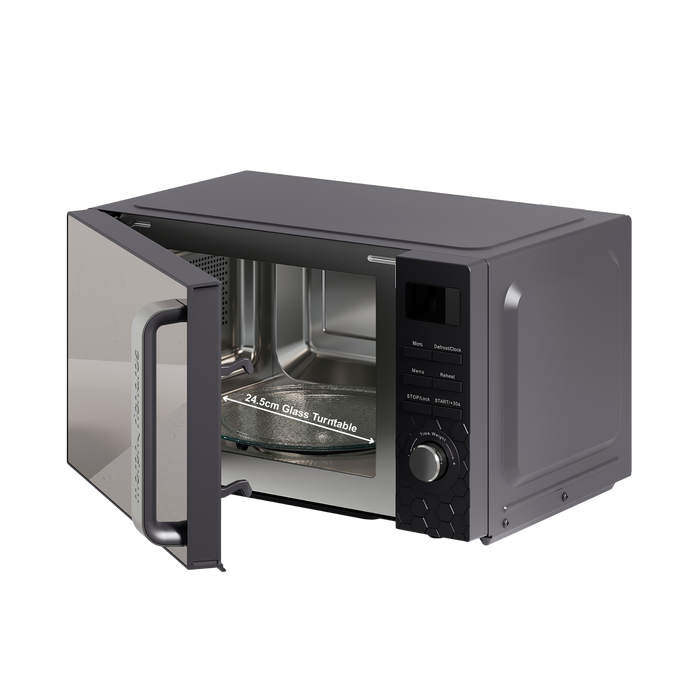 Black microwave oven with open door on a white background