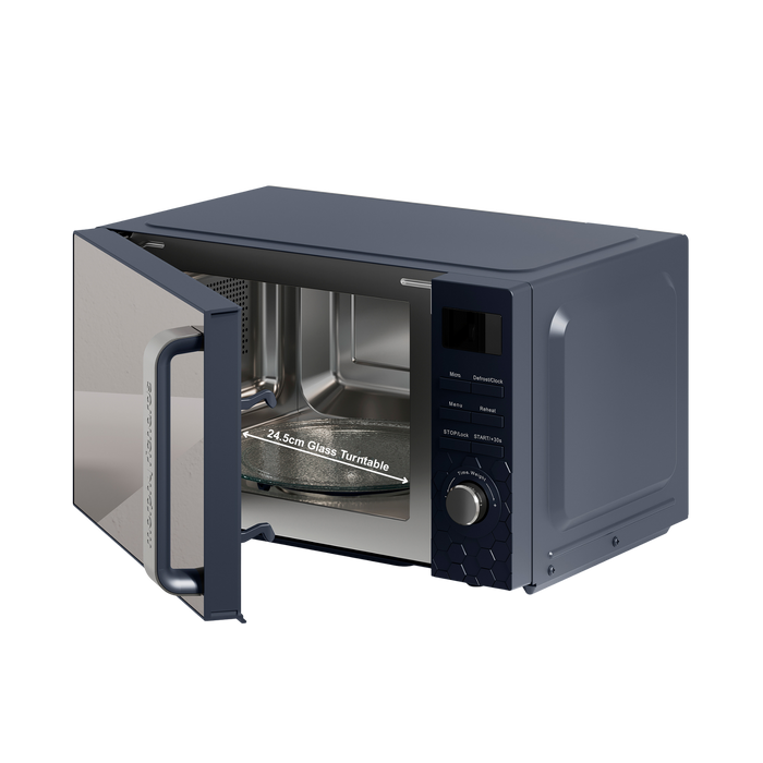 Blue microwave oven with open door on a white background