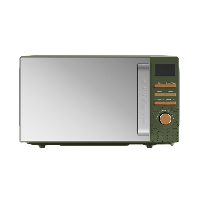 Green microwave oven with metallic finish on a white background