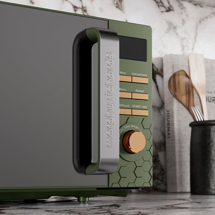 Close up image of green microwave display