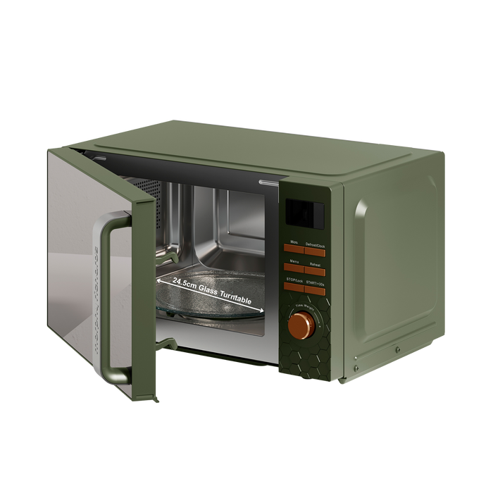 Green microwave oven with open door on a white background