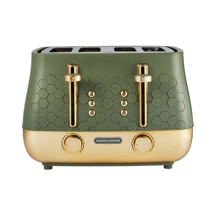 A 4-slice Morphy Richards Cassini toaster in green color with gold accents, featuring a hexagonal design and illuminated control buttons.