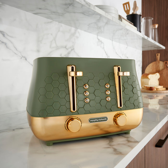 green toaster on kitchen counter