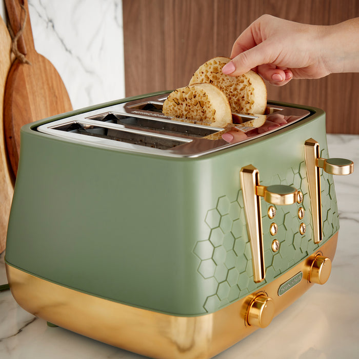 green toaster on kitchen counter