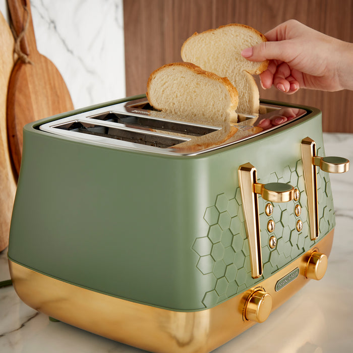 green toaster on kitchen counter