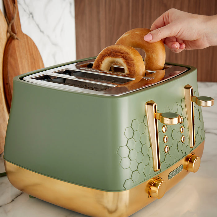 green toaster on kitchen counter