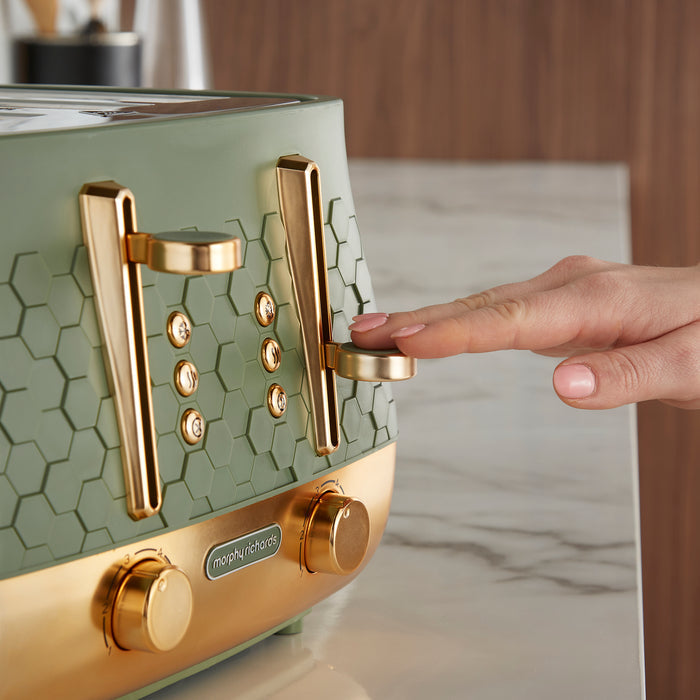 green toaster on kitchen counter