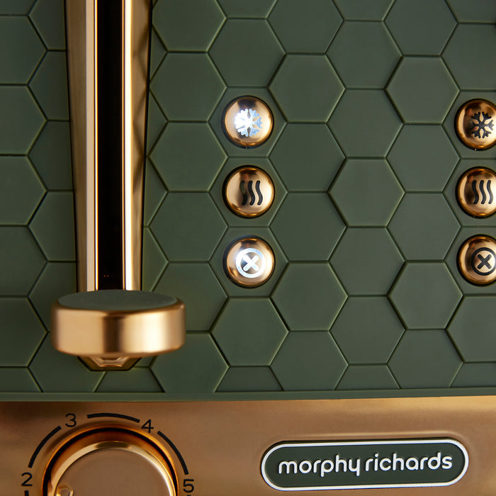 green toaster on kitchen counter
