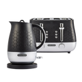 Black and silver Morphy Richards kettle and toaster on a white background
