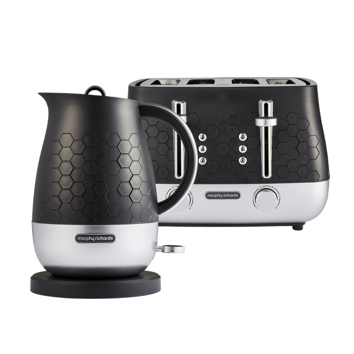 Black and silver Morphy Richards kettle and toaster on a white background