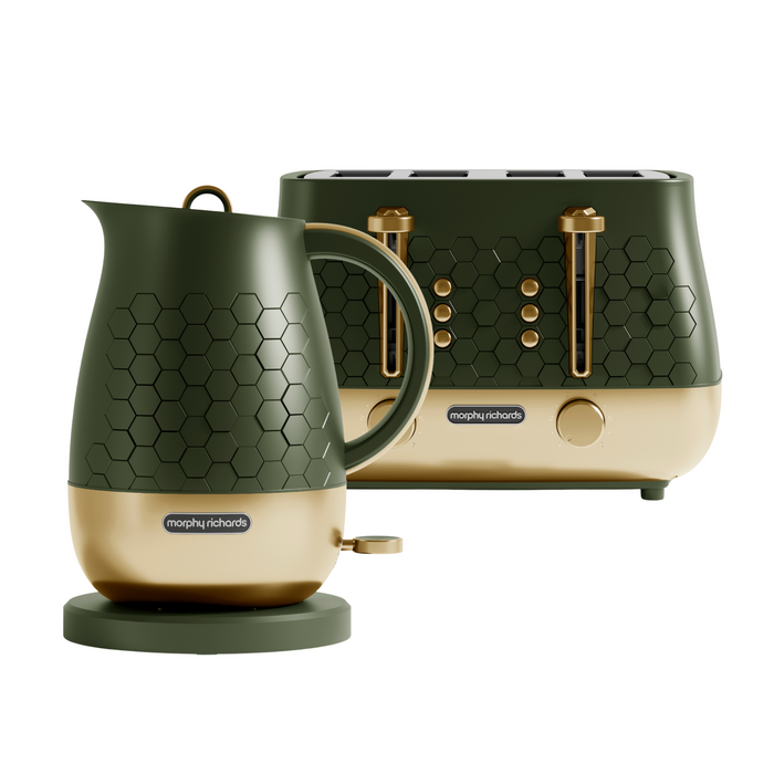 A green Morphy Richards Cassini jug kettle and a 4-slice toaster set with a hexagonal design and gold accents on a white background.