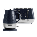 A black Morphy Richards Cassini jug kettle and a 4-slice toaster with a hexagonal design, both placed on a white background.