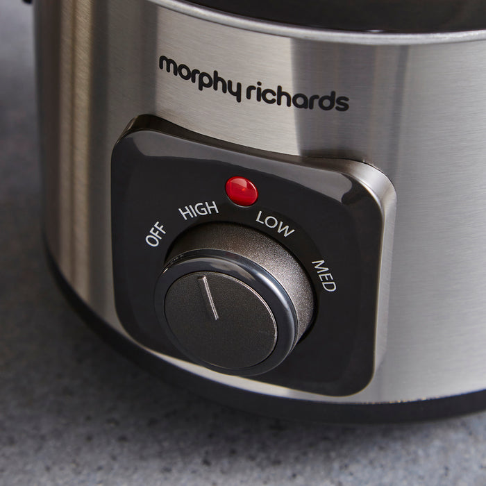 Close-up of a Morphy Richards kitchen appliance control panel with temperature settings.