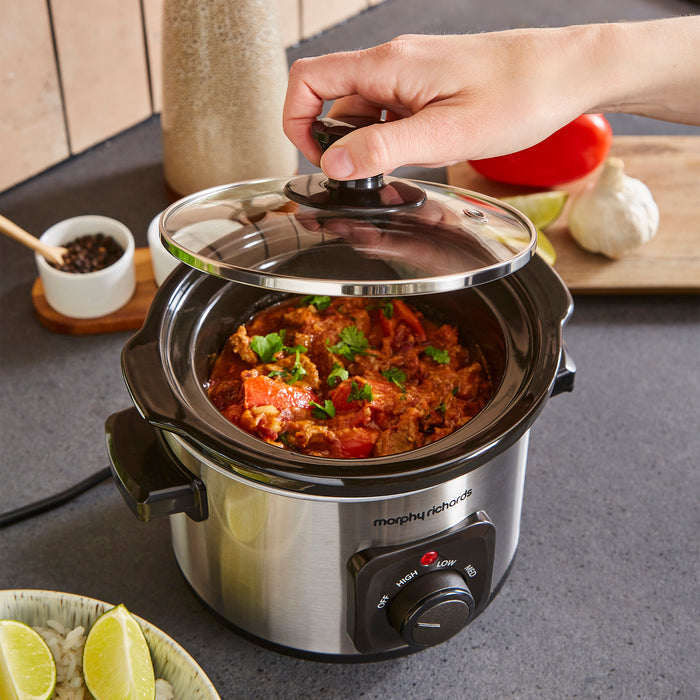 Morphy Richards slow cooker with food on a kitchen counter