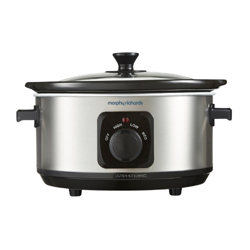 A Morphy Richards stainless steel 3.5L slow cooker with a black glass lid and control knob on the front.