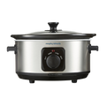 A Morphy Richards stainless steel 3.5L slow cooker with a black glass lid and control knob on the front.