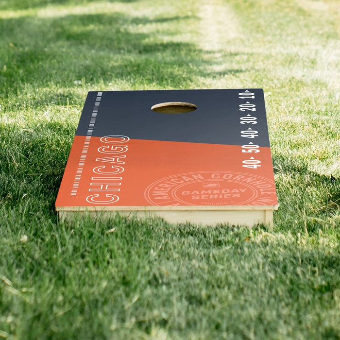 Premium wooden cornhole board with game day stadium graphics.