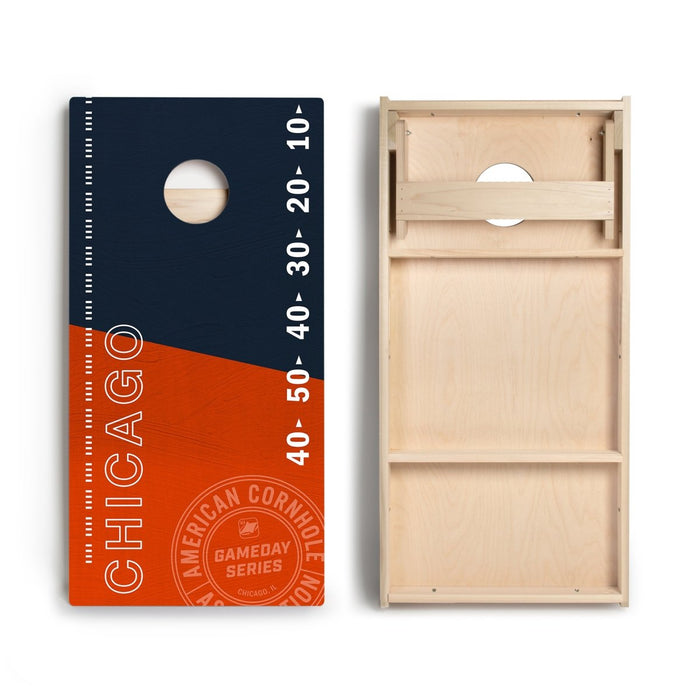 Front and back view of Chicago Football Gameday Stadium Star Cornhole Boards showing premium playing surface and bounce-reducing bracing.