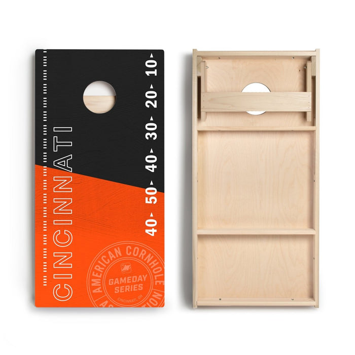 Front and back view of Cincinnati Football Gameday Stadium Star Cornhole Boards showing premium playing surface and bounce-reducing bracing.