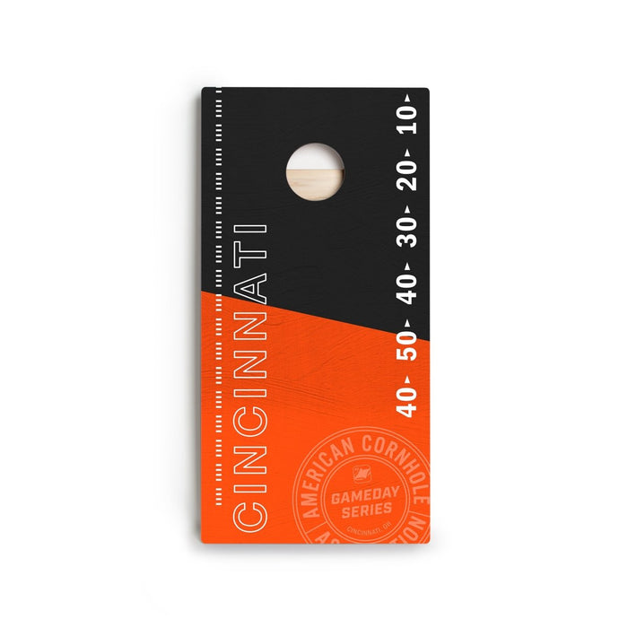 Front view of Cincinnati Football Gameday Stadium Star Cornhole Boards showing premium playing surface and HD printed graphics.
