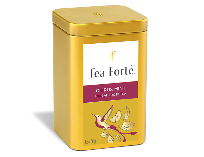 Citrus Mint tea in a canister of loose tea - side view