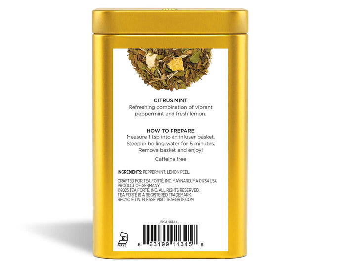 Citrus Mint tea in a canister of loose tea - back view