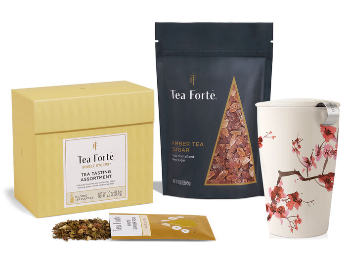 Tea Tasting Assortment Single Steeps Sampler box of 15 Single Steeps pouches a Cherry Blossom Kati Steeping Cup and one pound bag of Amber Tea Sugar